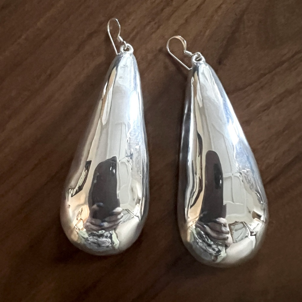 925 Sterling Silver Pierced Elongated Teardrop Oversized Earrings.